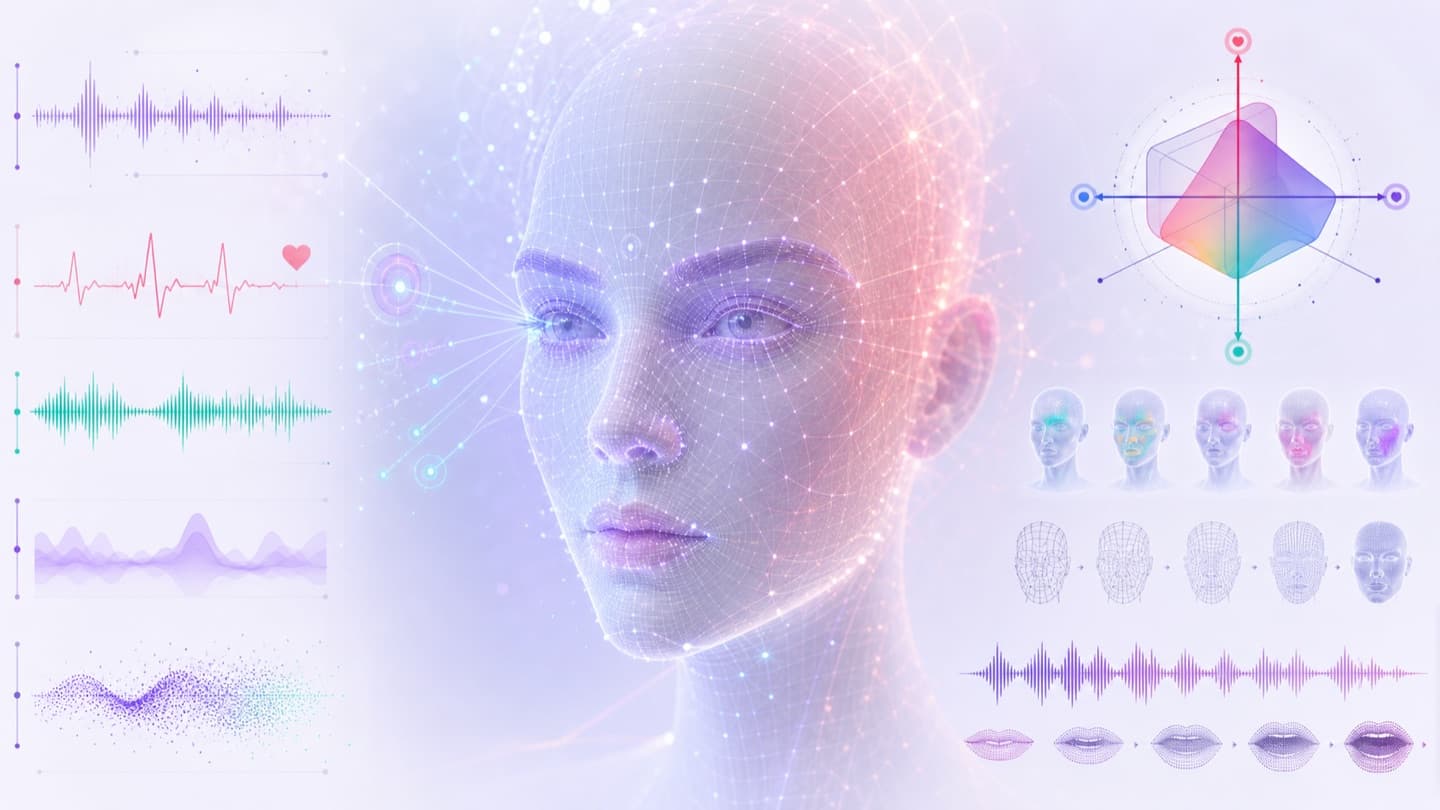 Translucent face mesh research illustration with emotion vectors, heartbeat, gaze, and lip-sync signals.