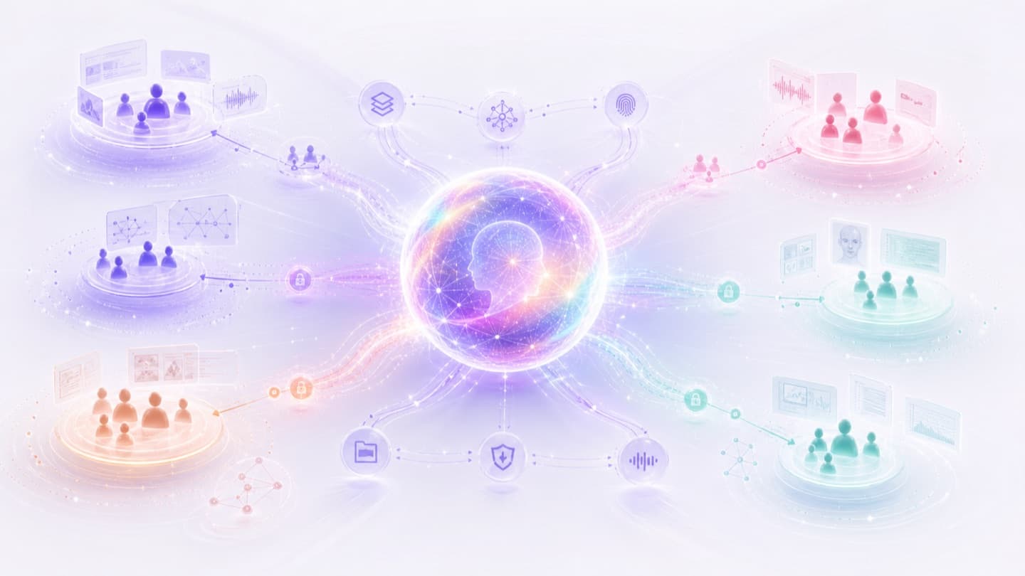 Official announcement image showing creators, studios, researchers, and partners connected to a living AI core.